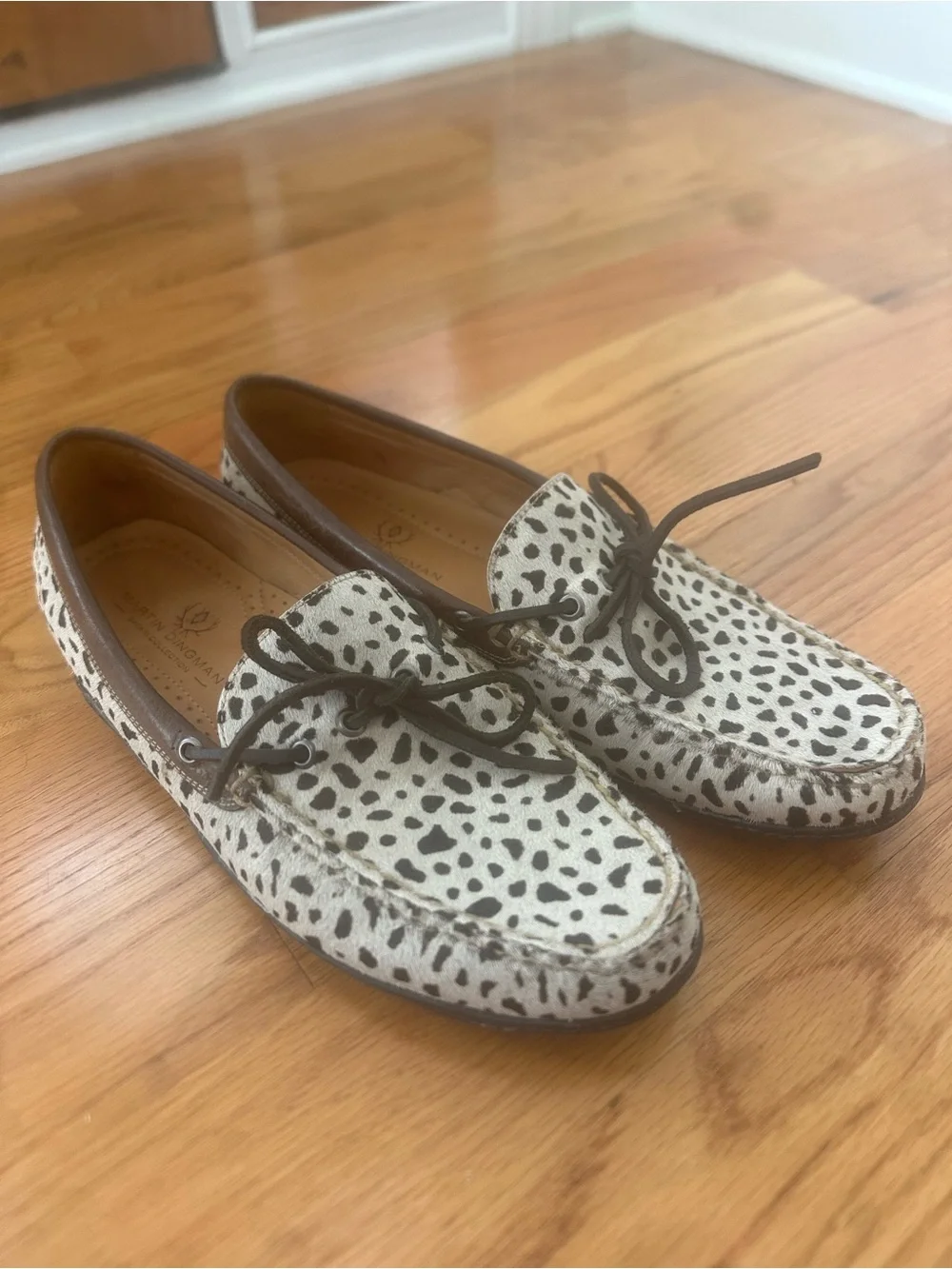 Martin Dingman White and Black Spotted Leather Moccasin Loafers